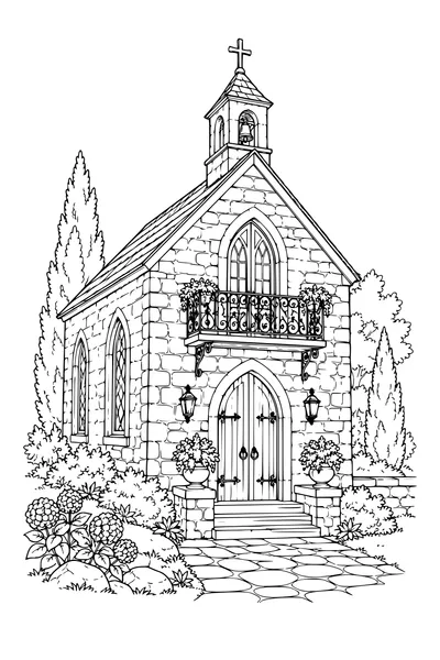 Coloriage: Chapelle en pierre avec un balcon en fer forgé.