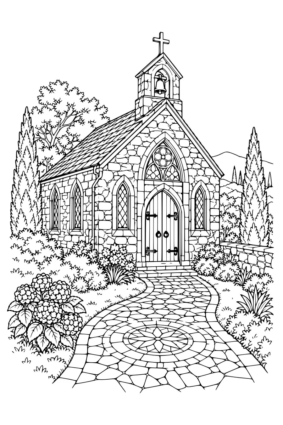 Coloring page: Stone chapel with a mosaic path.