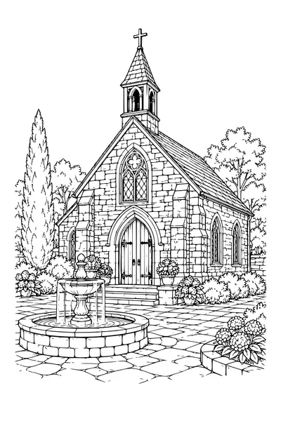 Coloriage: Chapelle en pierre avec une fontaine.