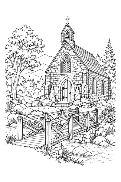 Coloriage: Chapelle en pierre avec une passerelle en bois.