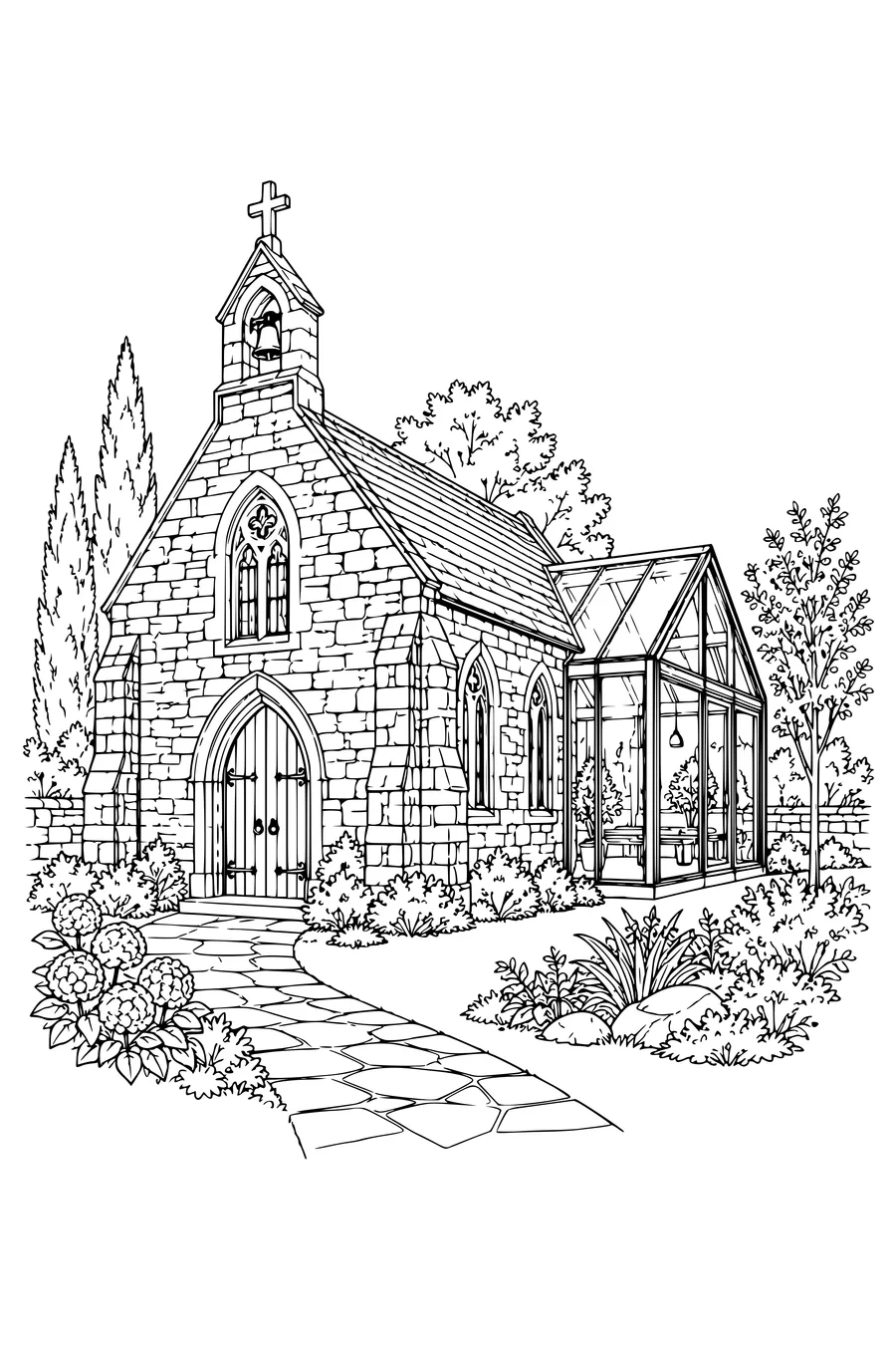 Coloring page: Stone chapel with a glass extension.