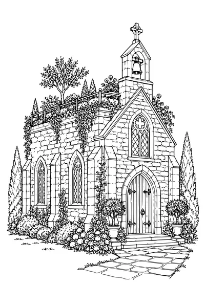 Coloriage: Chapelle en pierre avec un jardin sur le toit.