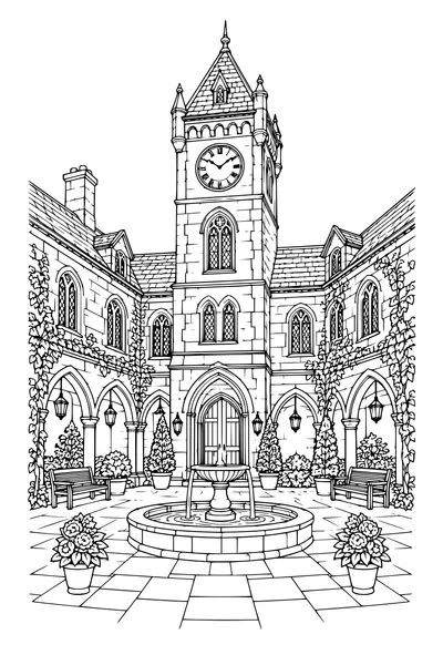Coloriage: Tour de l’horloge avec une cour intérieure.