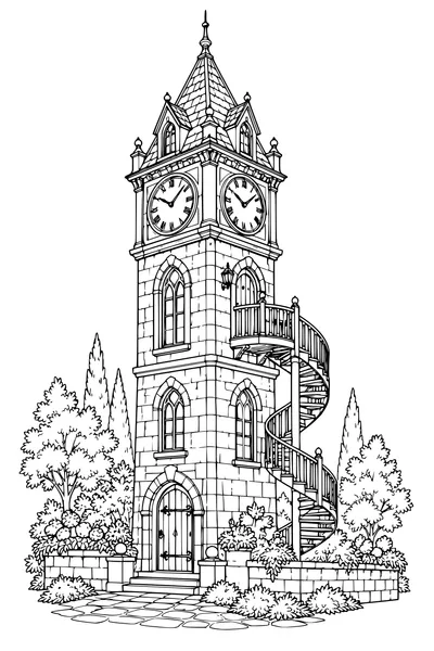 Coloriage: Tour de l’horloge avec un escalier en colimaçon.