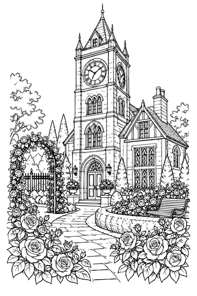 Coloriage: Tour de l’horloge avec une roseraie.
