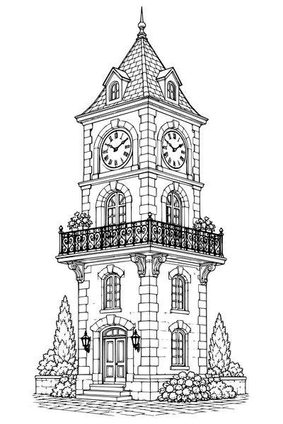 Coloriage: Tour de l’horloge avec un balcon en fer forgé.