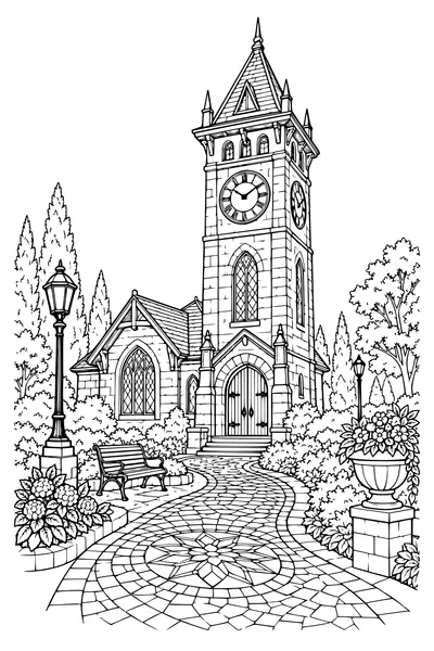 Coloriage: Tour de l’horloge avec un chemin en mosaïque.
