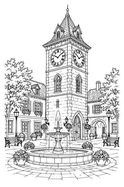 Coloriage: Tour de l’horloge avec une fontaine.