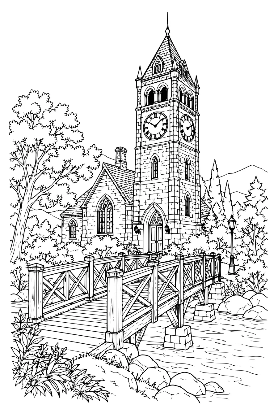 Coloring page: Clock tower with a wooden footbridge.