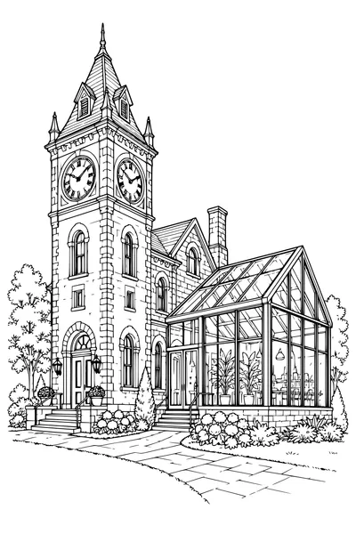 Coloriage: Tour de l’horloge avec une extension vitrée.