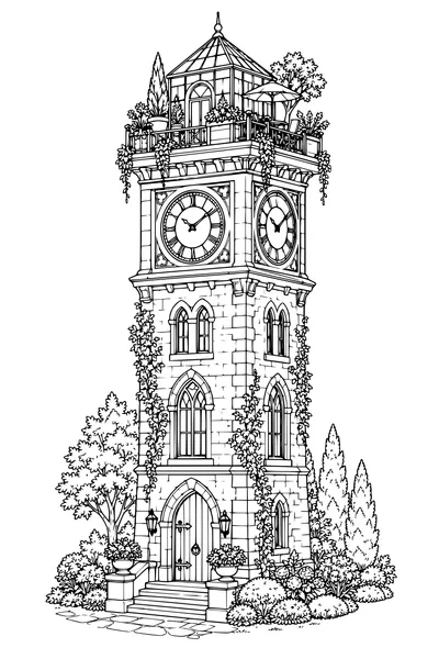 Coloriage: Tour de l’horloge avec un jardin sur le toit.
