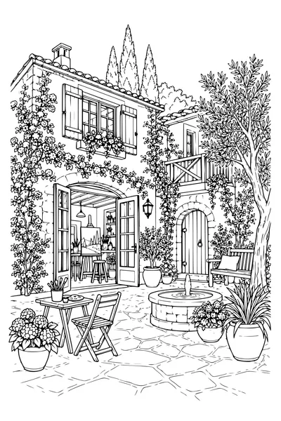 Coloriage: Maison d’artiste avec une cour intérieure.
