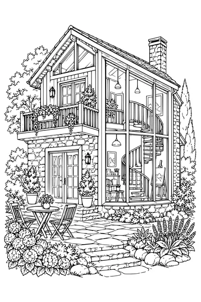 Coloriage: Maison d’artiste avec un escalier en colimaçon.