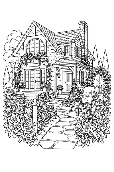 Coloriage: Maison d’artiste avec une roseraie.