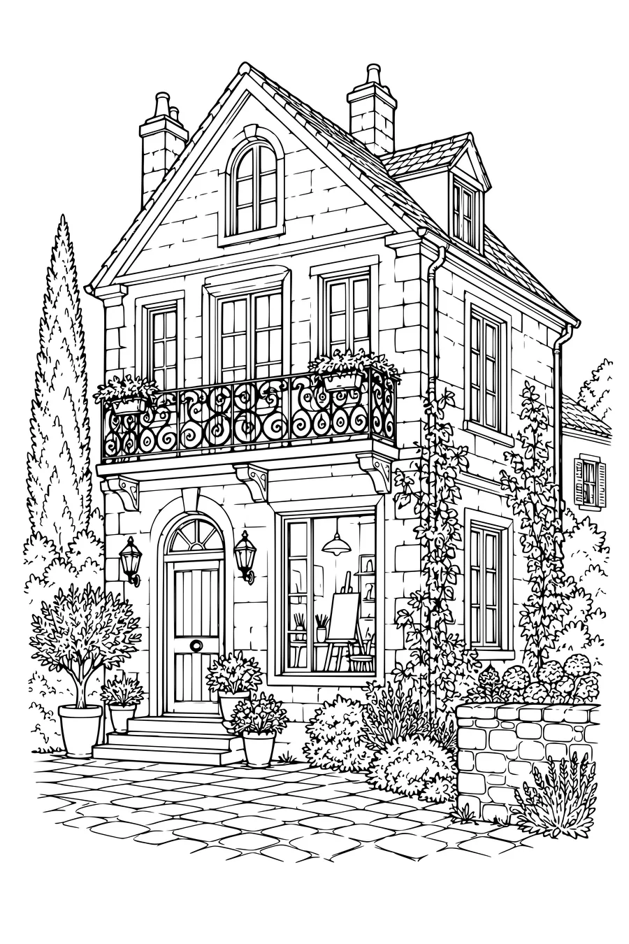 Ausmalbild: Atelierhaus mit Schmiedebalkon.