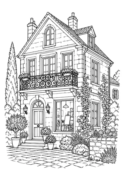 Coloriage: Maison d’artiste avec un balcon en fer forgé.