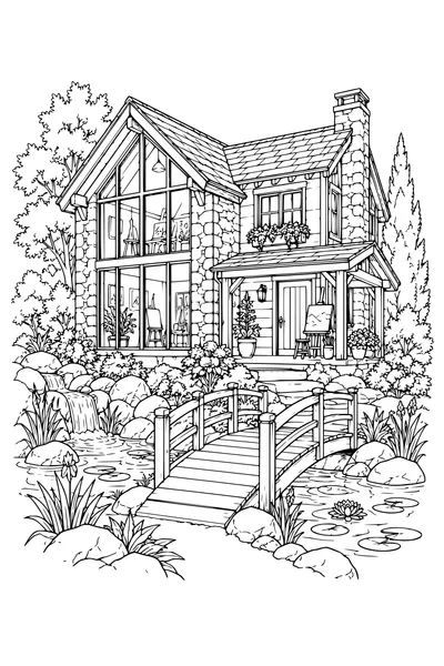 Coloriage: Maison d’artiste avec une passerelle en bois.