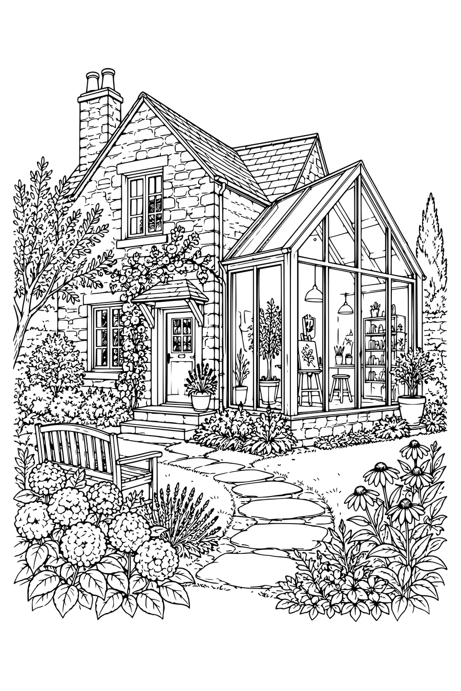 Coloriage: Maison d’artiste avec une extension vitrée.