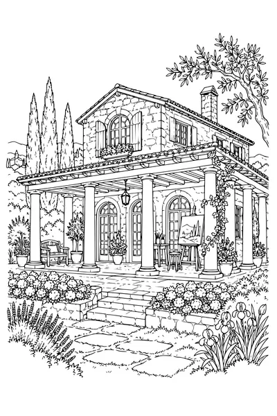 Coloriage: Maison d’artiste avec une colonnade.