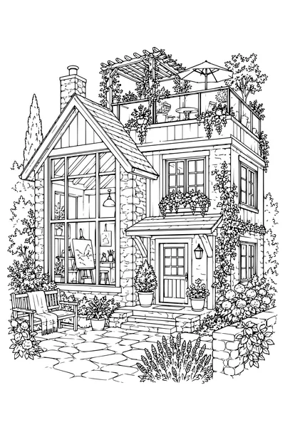 Coloriage: Maison d’artiste avec un jardin sur le toit.