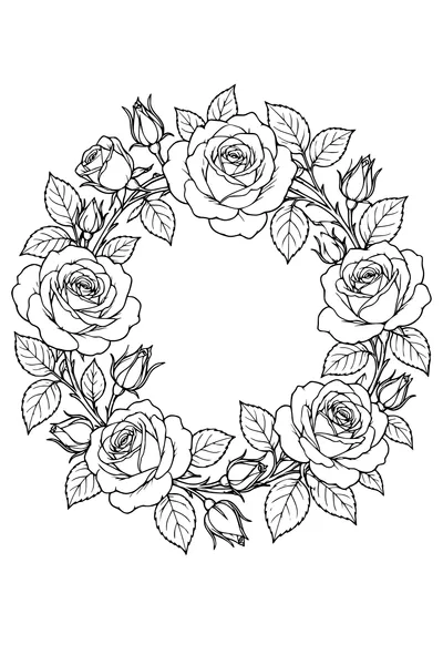 Ausmalbild: Rosen in einem runden Kranz.