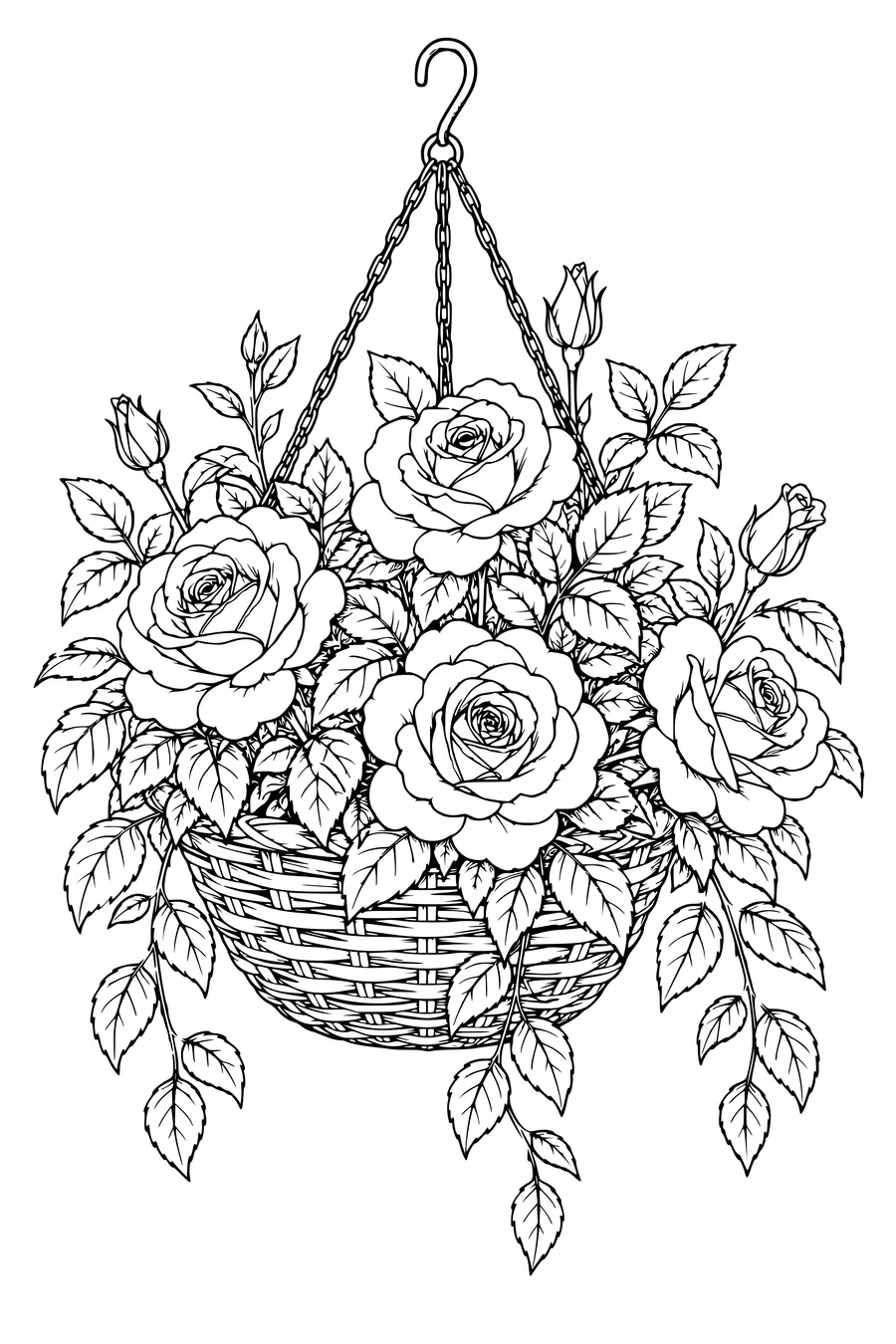 Coloriage: Roses dans un panier suspendu.