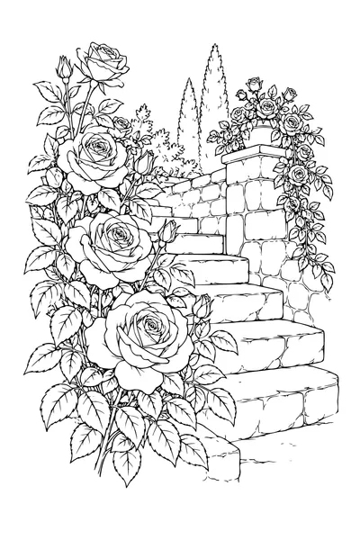 Ausmalbild: Rosen an einer Steintreppe.