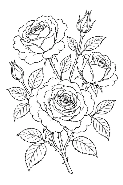 Ausmalbild: Rosen auf einem botanischen Studienblatt.