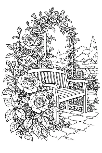 Kleurplaat: Rozen langs een tuinbank.
