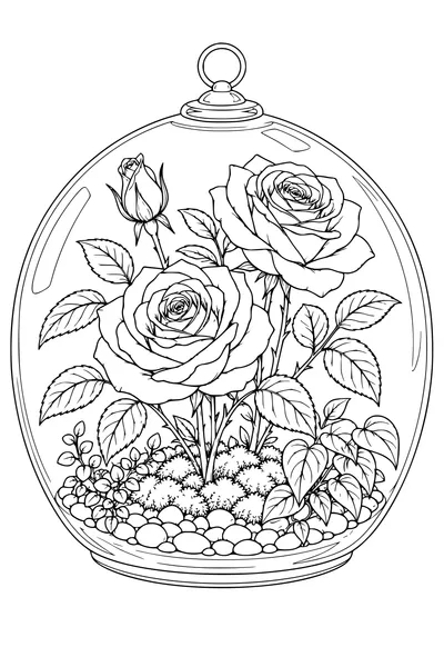 Coloriage: Roses dans un terrarium en verre.