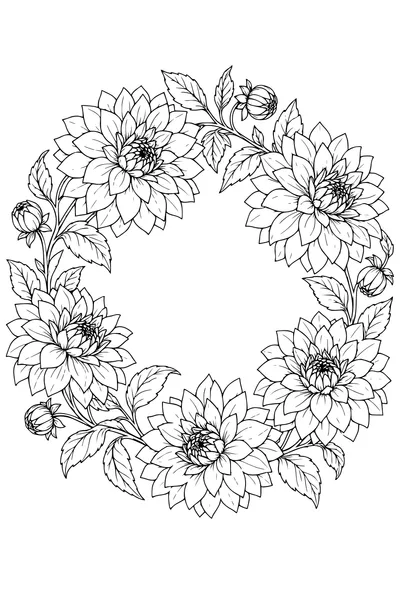 Coloriage: Dahlias en couronne ronde.