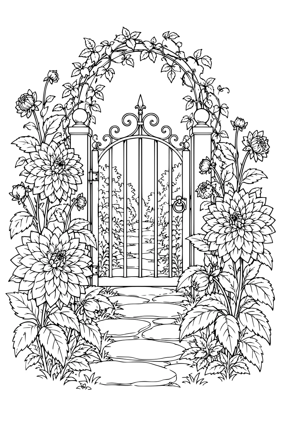 Coloring page: Dahlias around a garden gate.