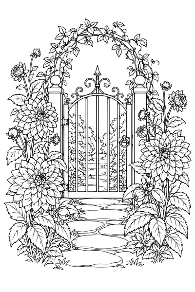Coloriage: Dahlias autour d’un portail.
