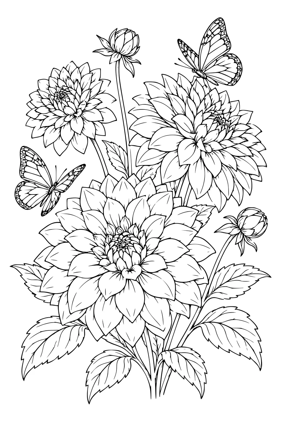 Kleurplaat: Dahlia’s met vlinders.