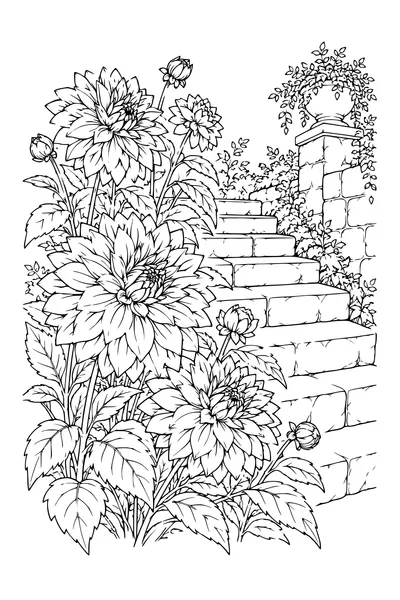 Coloriage: Dahlias le long d’un escalier en pierre.