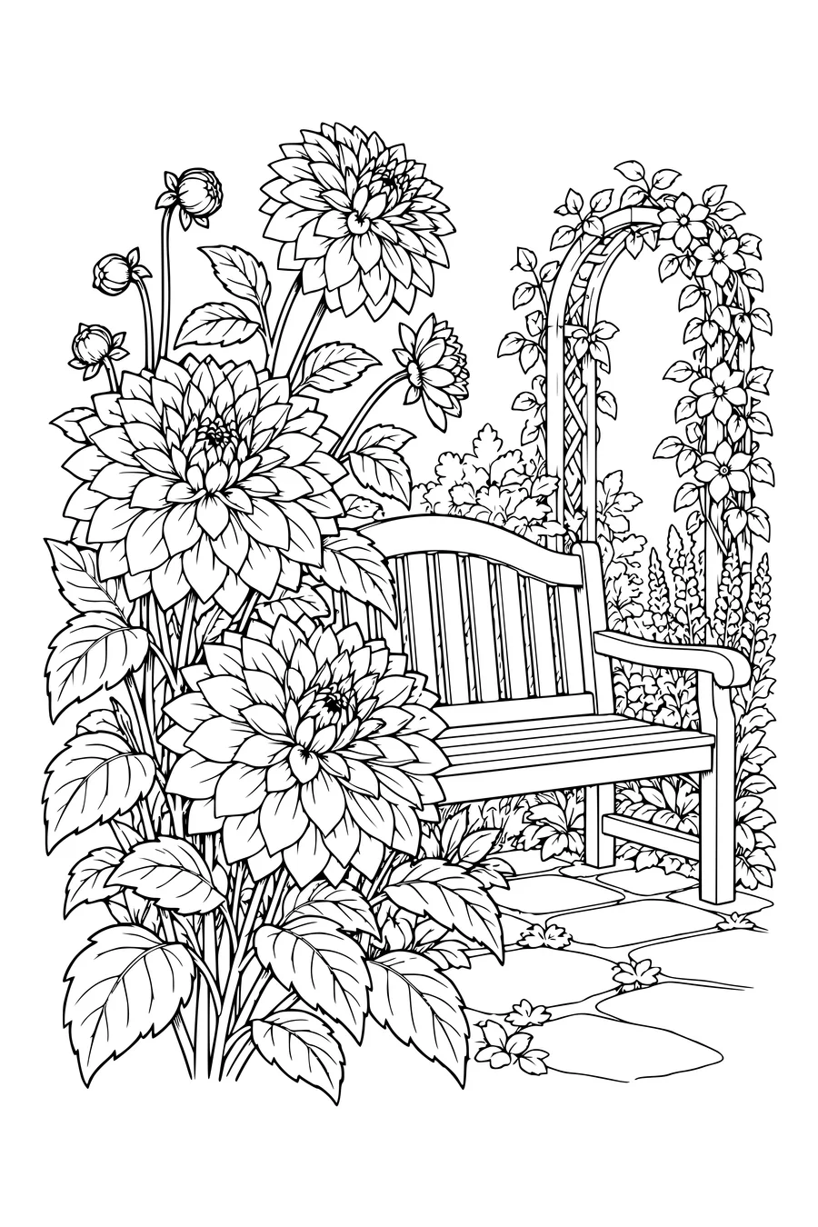 Coloriage: Dahlias près d’un banc de jardin.
