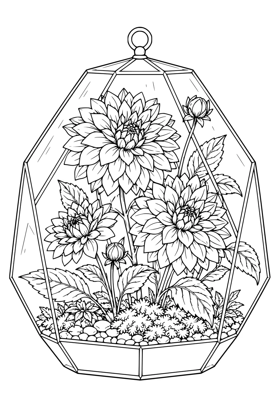 Coloring page: Dahlias in a glass terrarium.