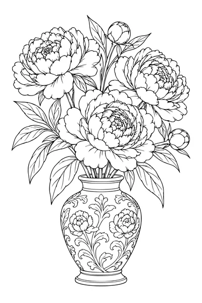 Coloriage: Pivoines dans un vase en relief.