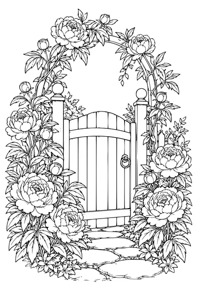 Coloriage: Pivoines autour d’un portail.