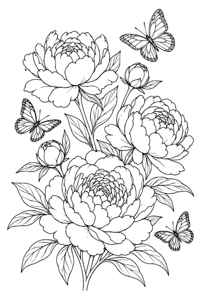 Coloriage: Pivoines avec des papillons.