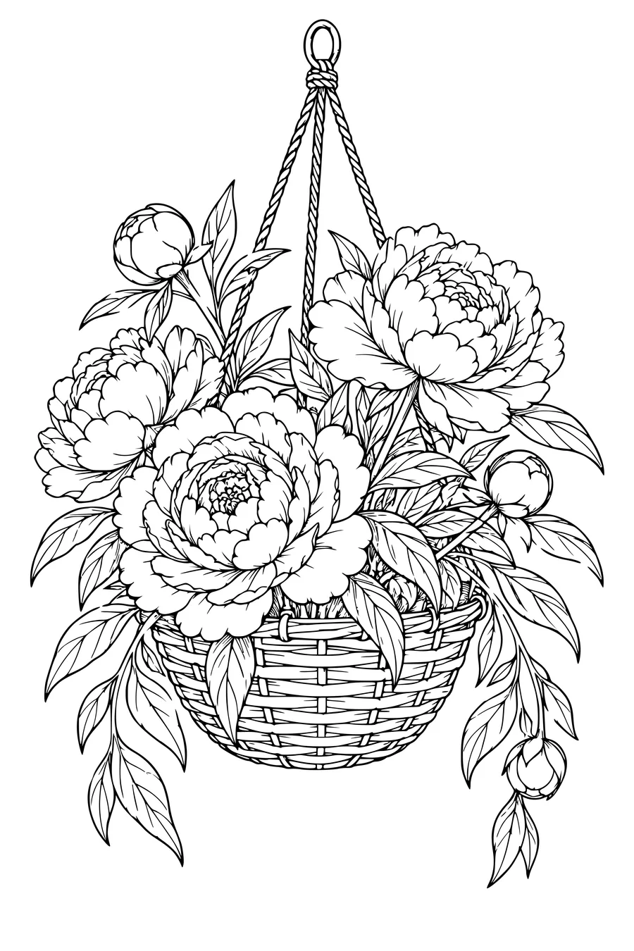 Coloring page: Peonies in a hanging basket.