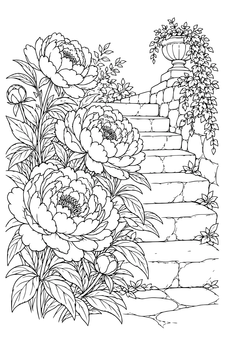 Coloring page: Peonies along stone steps.