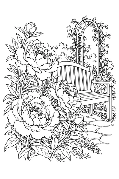 Coloriage: Pivoines près d’un banc de jardin.