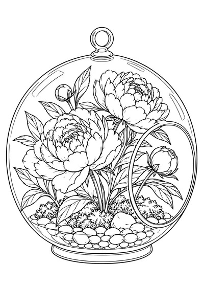 Coloriage: Pivoines dans un terrarium en verre.