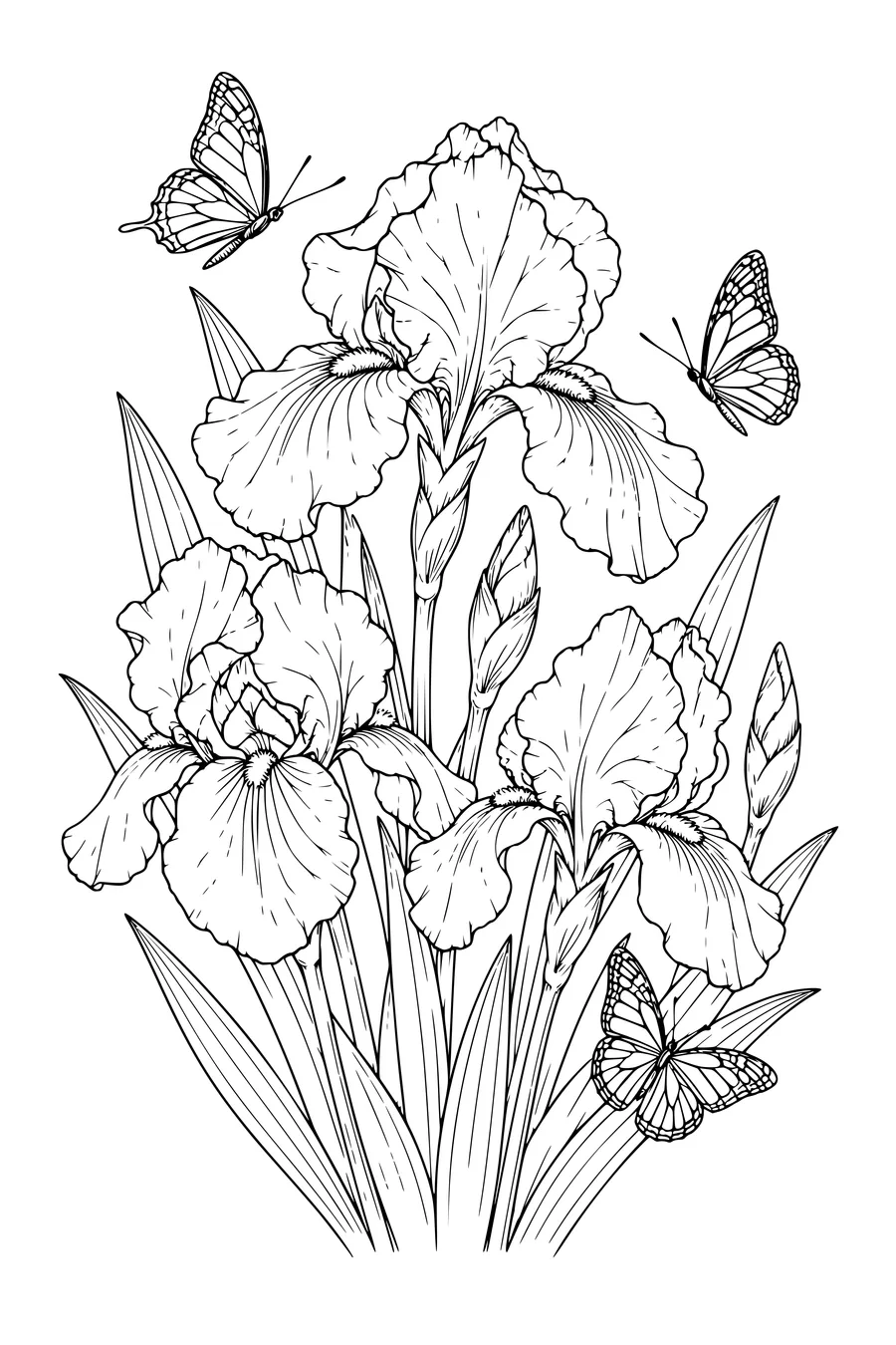 Coloriage: Iris avec des papillons.