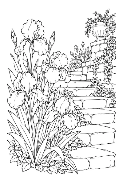 Coloriage: Iris le long d’un escalier en pierre.