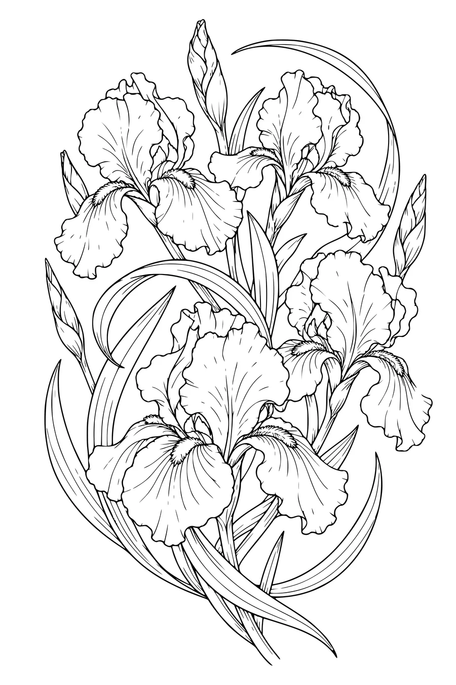 Coloring page: Irises in a spiral bouquet.