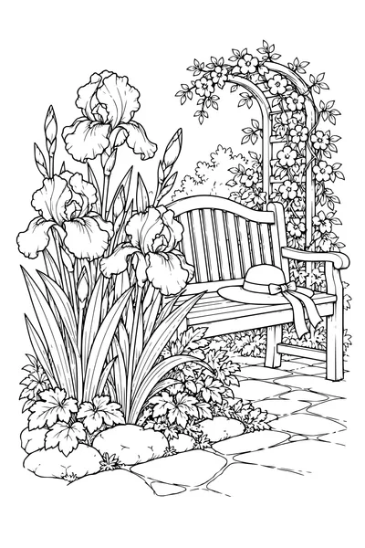 Coloriage: Iris près d’un banc de jardin.