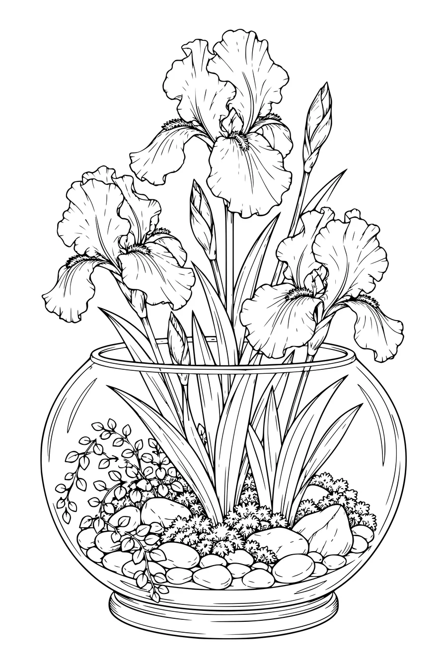 Coloriage: Iris dans un terrarium en verre.