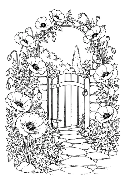 Coloriage: Coquelicots autour d’un portail.